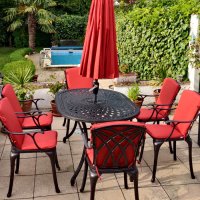 Voorvertoning: Customer photo of the June 6 seater garden table and april chairs in antique bronze with terracotta cushions and parasol